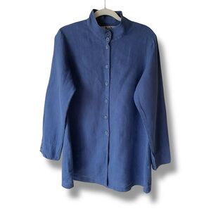 Flax Mandarin Collar Button Down Linen Blue Tunic Top Flax Size S/US S/M